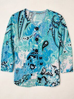 Designers Originals Large Turquoise Paisley Floral Beaded Sweater 3/4 Sleeve